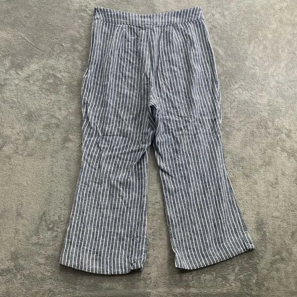 Free People Linen Blend Pants Womens 8 Blue Pinestripe High Rise Pull On Boho